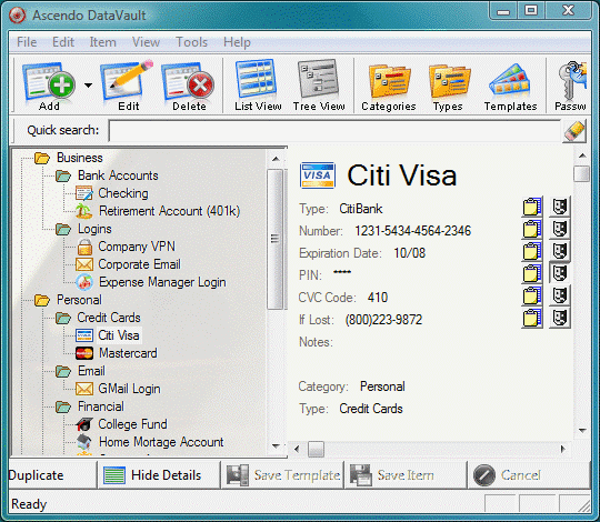 DataVault Passwort Manager Vista Desktop